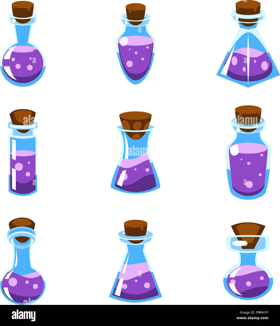 Cartoon vector Set de potions pourpre dans des bouteilles de forme différente pour un jeu Illustration de Vecteur