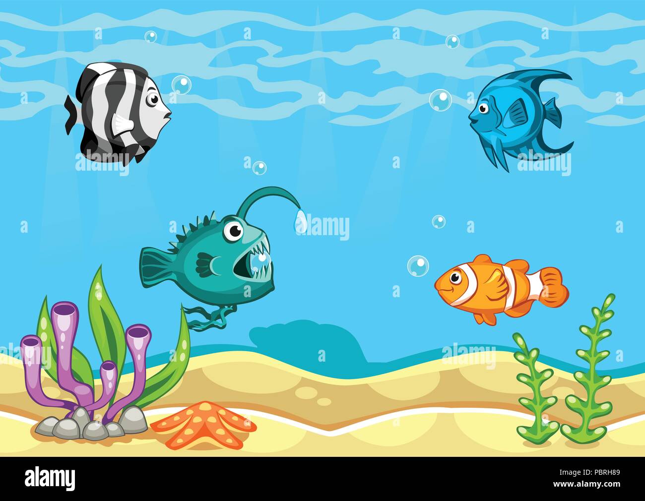 L'Underwater world vector illustration d'algues, d'étoiles de mer, poissons et coquillages Illustration de Vecteur