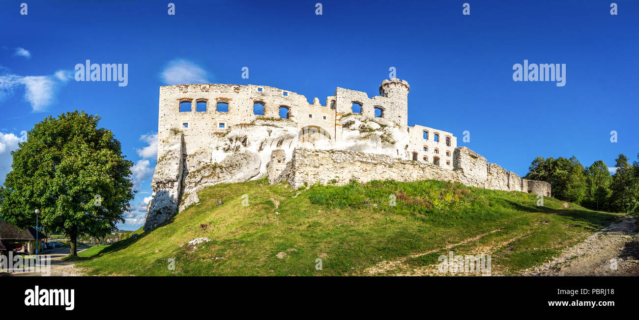 Ancien château d'Ogrodzieniec avec ciel bleu en été, Podzamcze, Pologne Banque D'Images