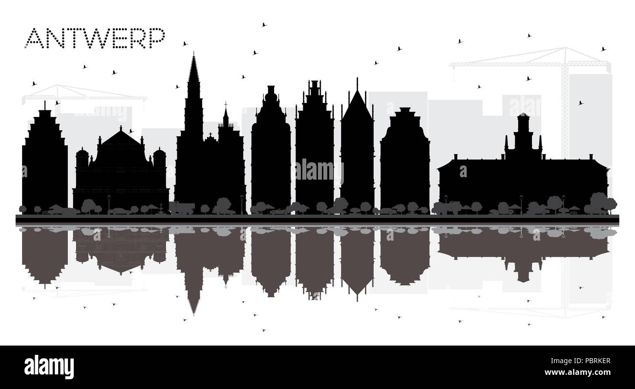 Anvers Belgique ville silhouette noir et blanc avec des reflets. Vector illustration. Concept simple pour le tourisme, la bannière de présentation Illustration de Vecteur