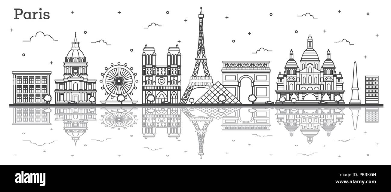 Contours Paris France Ville avec ses bâtiments historiques et réflexions isolé sur blanc. Vector Illustration. Paris Paysage urbain avec des points de repère. Illustration de Vecteur