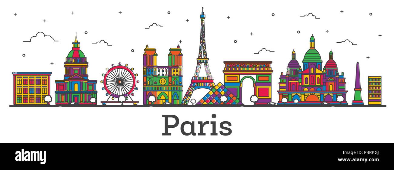 Contours Paris France Ville avec des bâtiments couleur isolé sur blanc. Vector Illustration. Paris Paysage urbain avec des points de repère. Illustration de Vecteur