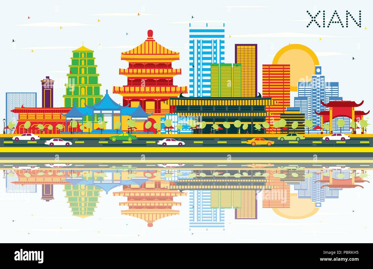 Xian Chine avec toits de bâtiments, de couleur bleu ciel et les réflexions. Vector Illustration. Les voyages d'affaires et tourisme Concept avec l'architecture historique Illustration de Vecteur
