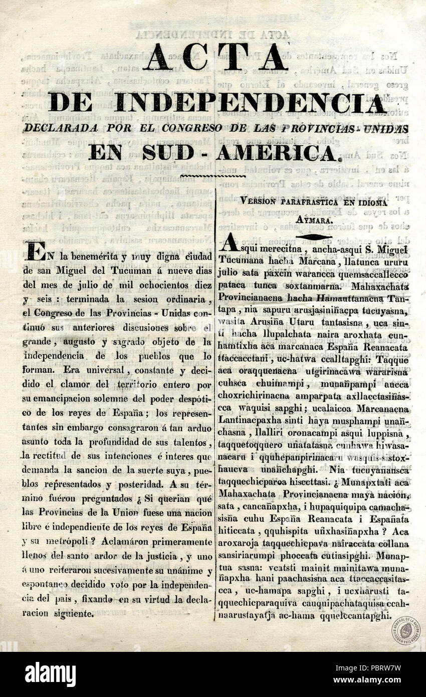 Acta de independencia de las Provincias Unidas en Sud América - Español - Aymara. Banque D'Images