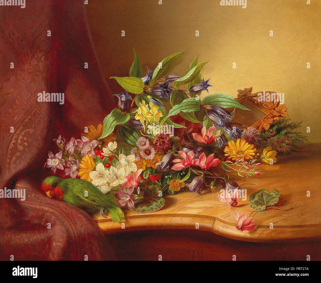 Adele Schuster - Pièce de fleurs avec Parrot. Banque D'Images