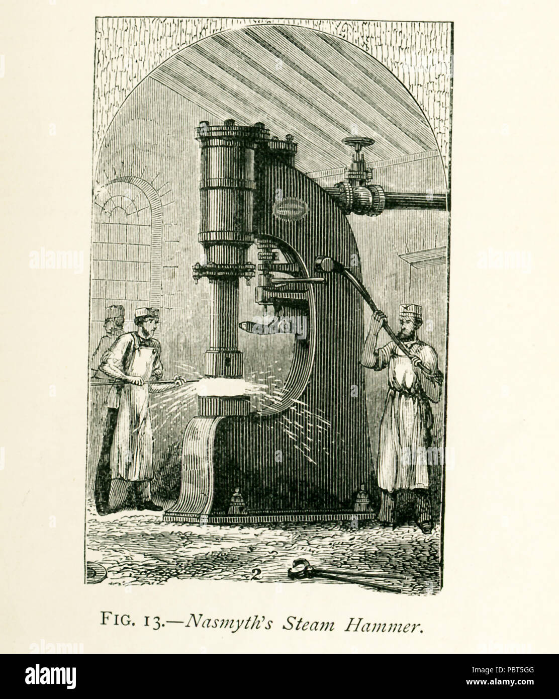 Cette illustration dates pour les années 1870 et montre du marteau à vapeur Nasmyth. James Nasmyth était un ingénieur écossais qui est devenue célèbre pour son développement de la machine à vapeur d'un marteau. Il a été co-fondateur de Nasmyth, Gaskell et Société les fabricants de machines-outils. Avec le marteau à vapeur, la vapeur est admise sous le piston, qui est ainsi porté à toute la hauteur nécessaire dans les limites de la course. Lorsque la communication avec la chaudière est arrêté et le bain à vapeur sous le piston est autorisé à s'échapper, le piston, avec la masse des ironforming le chien attaché à l'ensemble piston-bielle, tombe sous son propre poids. Thi Banque D'Images