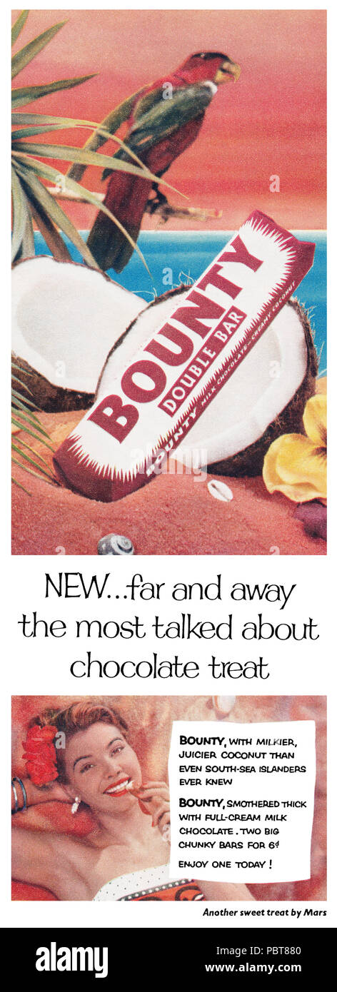 1954 La publicité pour le chocolat Bounty Bar. Banque D'Images