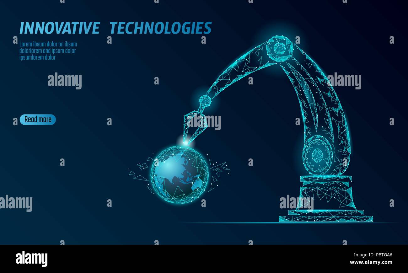 Bras du robot manipulateur poly faible. Construire l'écologie de la terre en forme de triangle de l'assemblée. Points connectés polygonale 3D render artificielle robotique machines Innovation, technologie part vector illustration Illustration de Vecteur