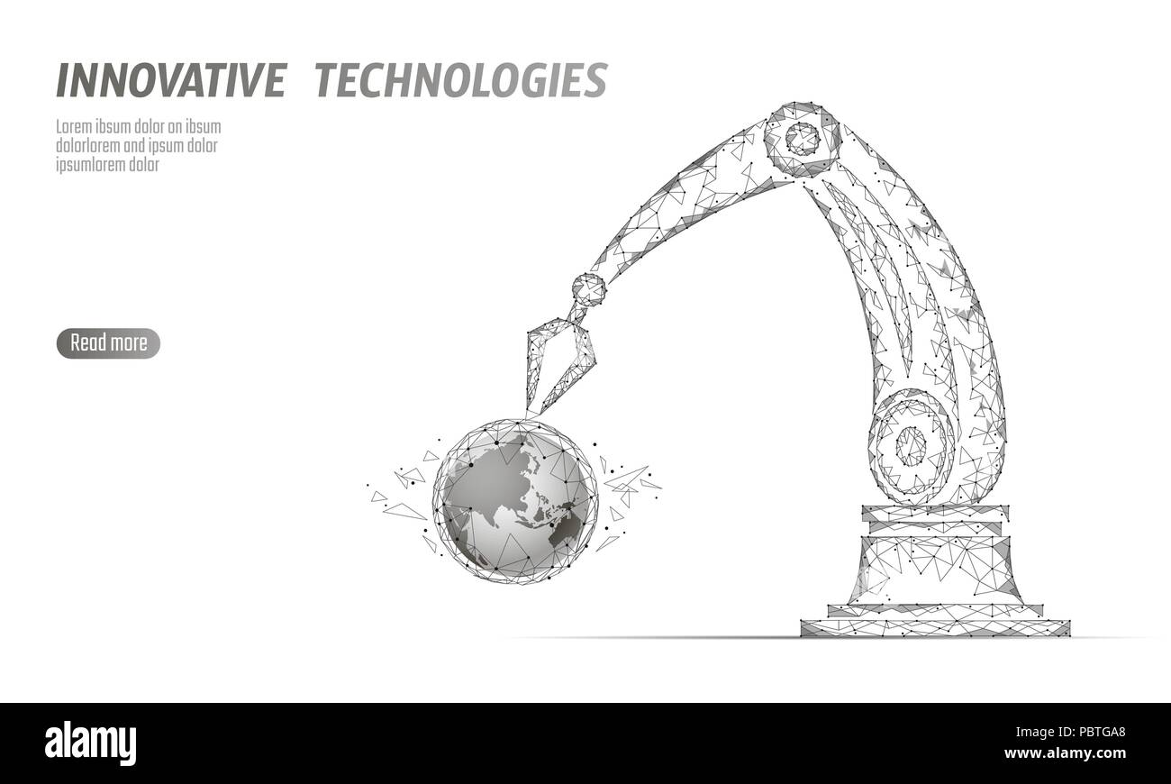 Bras du robot manipulateur poly faible. Construire l'écologie de la terre en forme de triangle de l'assemblée. Points connectés polygonale 3D render artificielle robotique machines Innovation, technologie part vector illustration Illustration de Vecteur