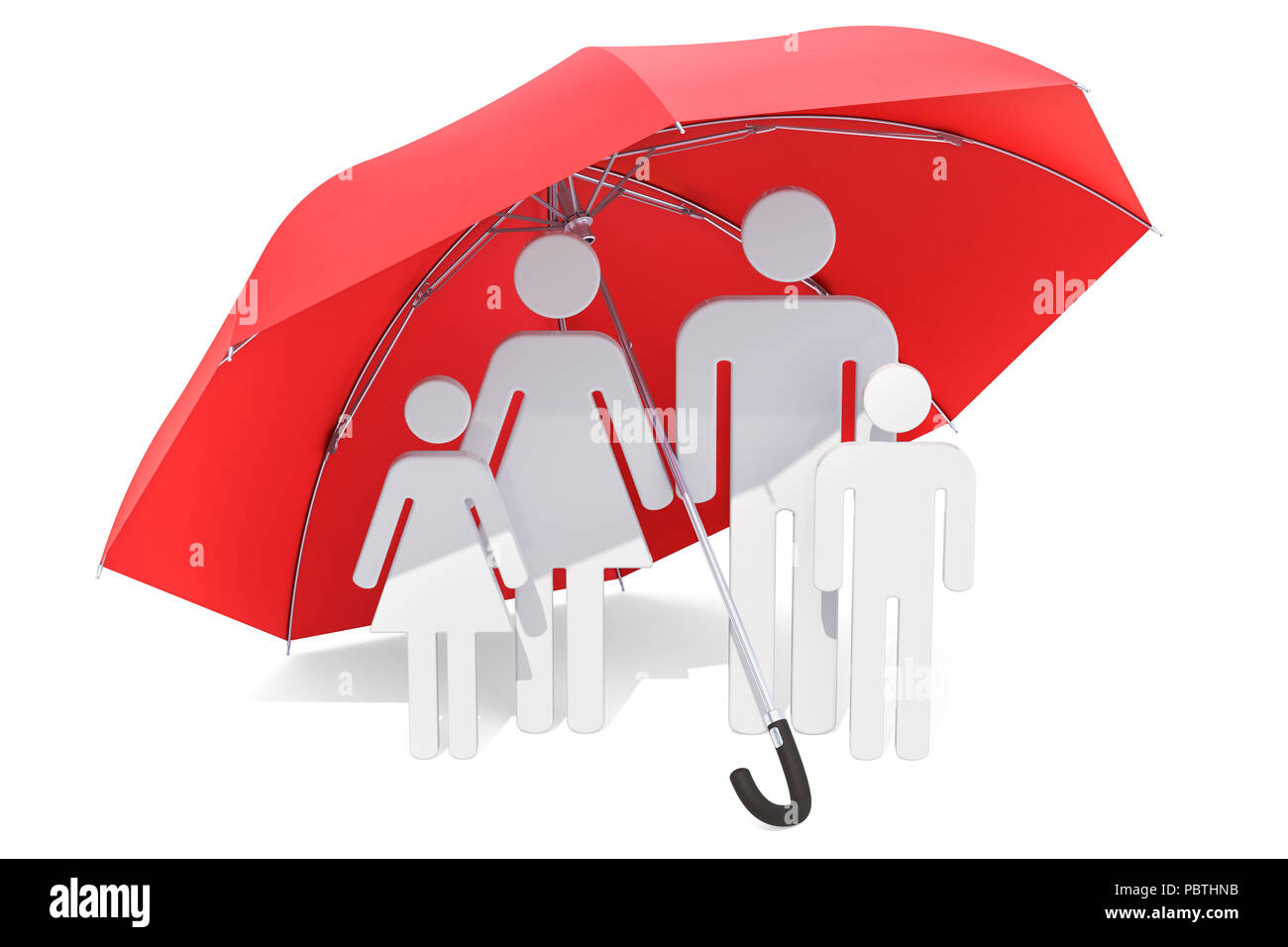 Famille sous un parapluie. Les soins de santé et d'assurance médicale concept. Le rendu 3D isolé sur fond blanc Banque D'Images