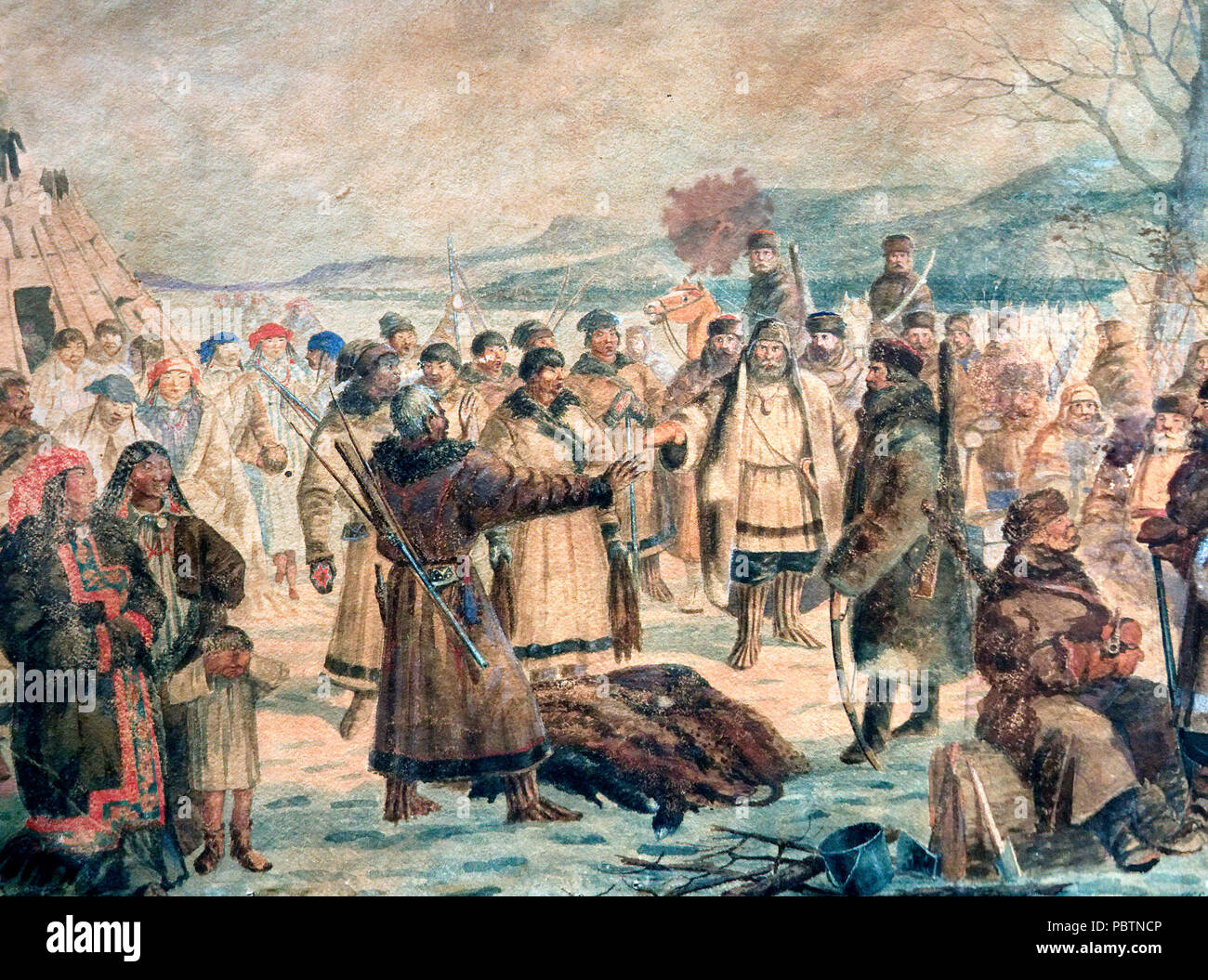Les cosaques du gouvernorat de Yeniseysk la collecte yasak. Aquarelle du 19ème siècle par un peintre inconnu. Banque D'Images