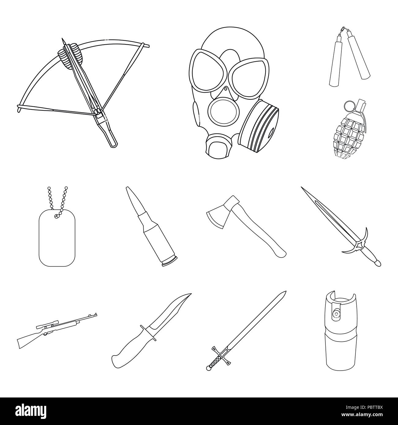 Types d'armes contours icônes de collection set pour la conception d'armes à feu et armes blanches.symbole vecteur illustration de stock. Illustration de Vecteur