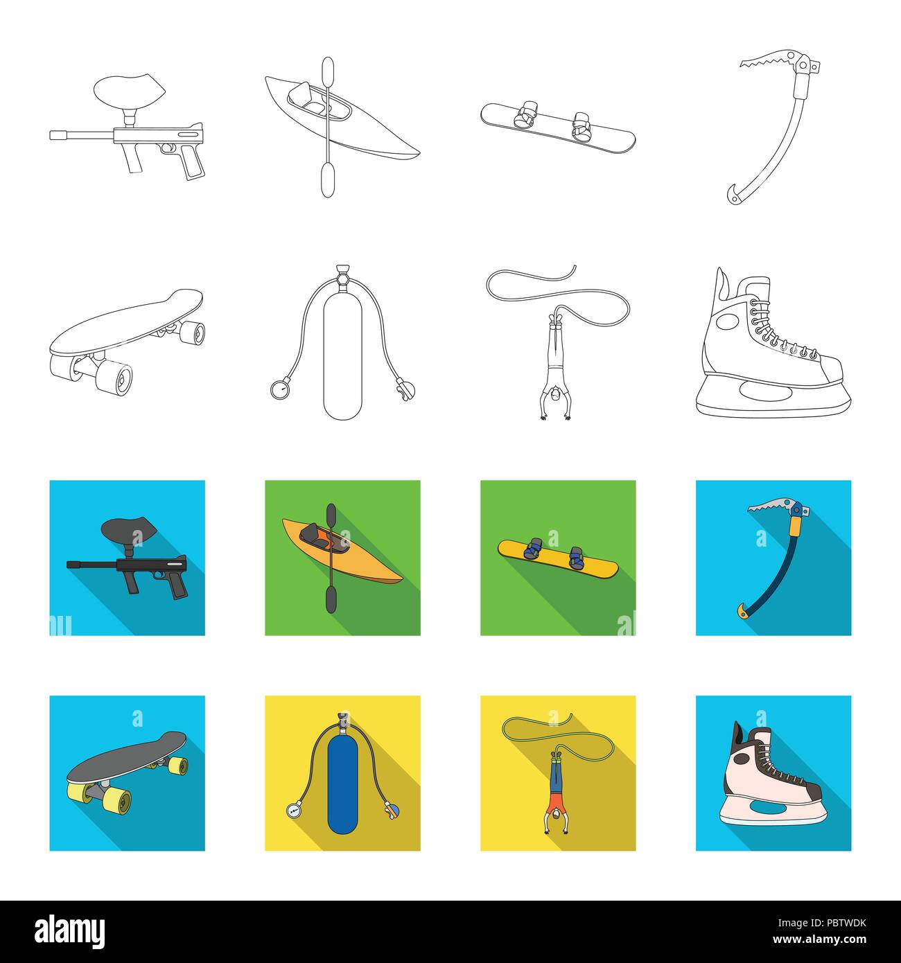 Skateboard, réservoir d'oxygène pour la plongée sous-marine, saut à ski, patin de hockey.sport extrême set collection icônes de contours,flet vecteur illustration stock style symbole . Illustration de Vecteur