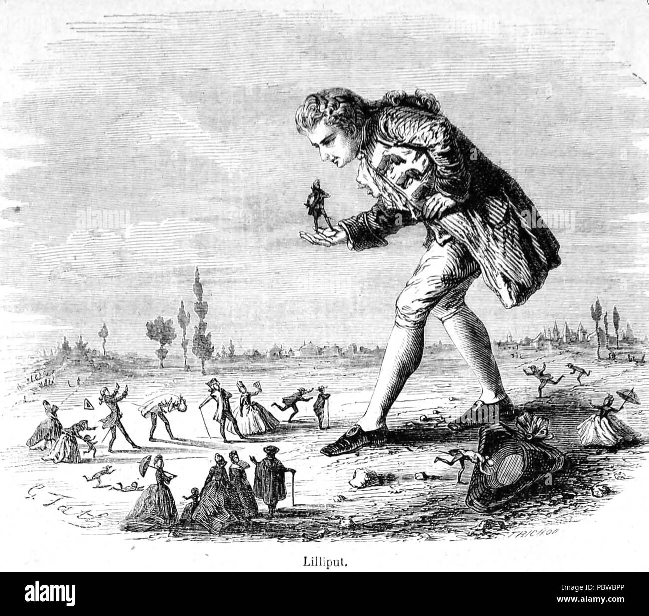JONATHAN SWIFT (1667-1745) écrivain satirique anglo-irlandais. Illustration  du début de l'édition des voyages de Gulliver Gulliver montrant avec les  habitants de Lilliput Photo Stock - Alamy