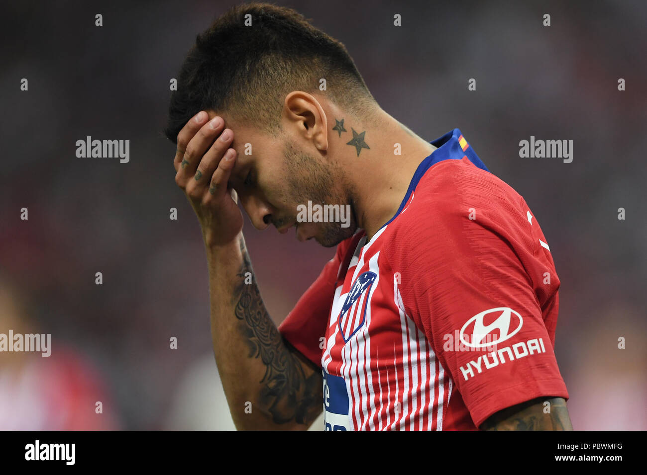 Angel Correa (Atletico de Madrid), Jul 30, 2018 - en action lors de la Coupe des Champions internationaux Singapour 2018 Paris Saint-Germain vs Atletico de Madrid Crédit : Haruhiko Otsuka/AFLO/Alamy Live News Banque D'Images