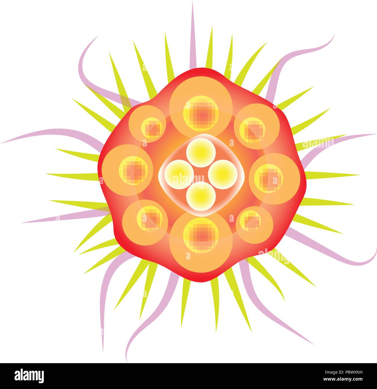 Résumé de virus, bactéries icône télévision orange avec tentacules, grippe sous un microscope. Cellule maladie Virus logo vector, micro-organisme Vue de dessus sur fond blanc. Germe colorés. Illustration de Vecteur