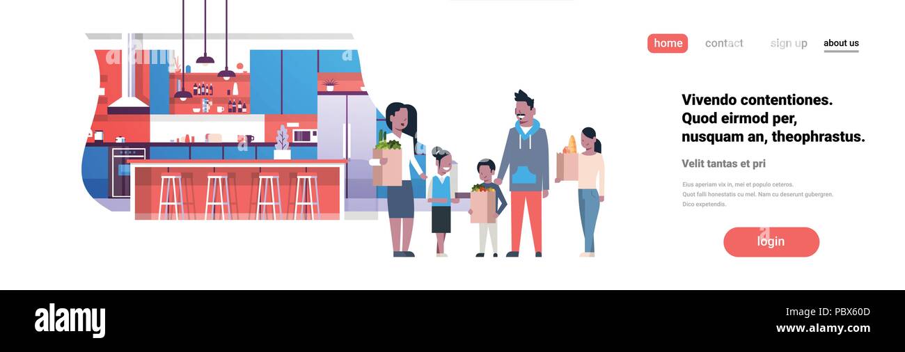 African American family holding avec des sacs d'épicerie cuisine intérieur plate horizontale bannière pleine longueur copy space Illustration de Vecteur