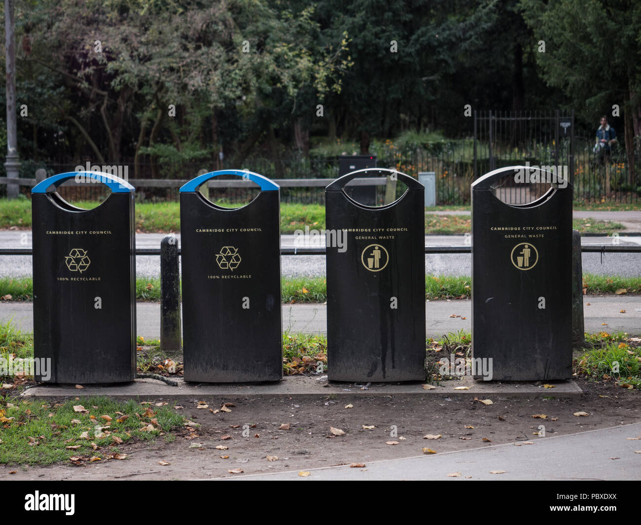 Une rangée de 4 bacs de recyclage de la ville de Cambridge, Angleterre, Royaume-Uni. Banque D'Images