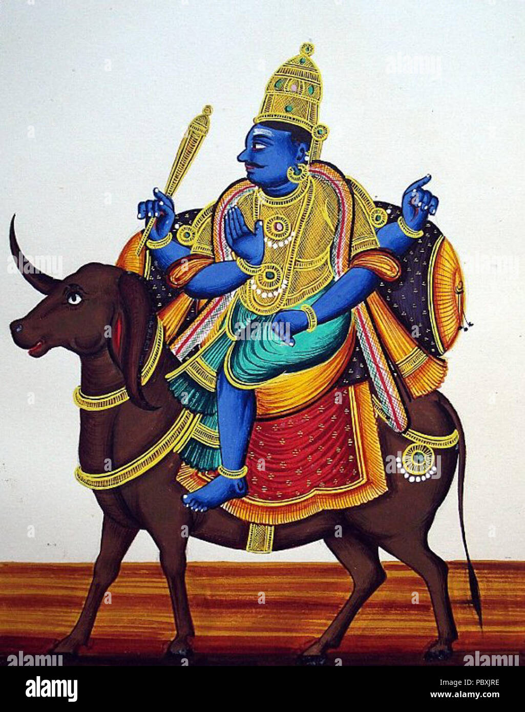 214 quatre bras et teint foncé-Yama se déplace sur son bejeweled et caparisoned buffalo. Dans son coin supérieur droit est le danda (personnel) (portrait) Banque D'Images