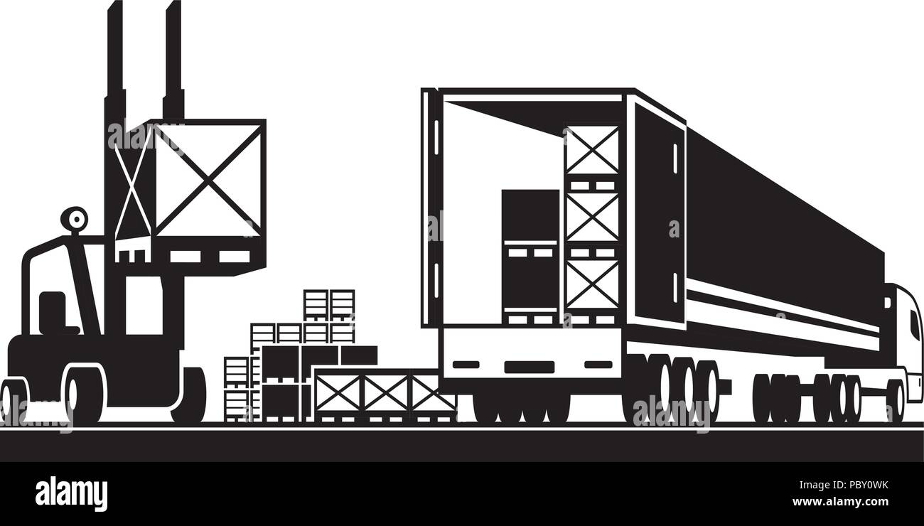 Chariot élévateur de palettes de chargement dans un camion - vector illustration Illustration de Vecteur