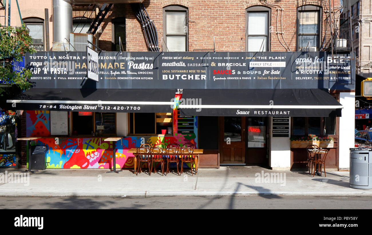 Sauce, 78 Rivington Street, New York, NY devanture extérieure d'un restaurant italien dans le quartier lower east side de Manhattan. Banque D'Images