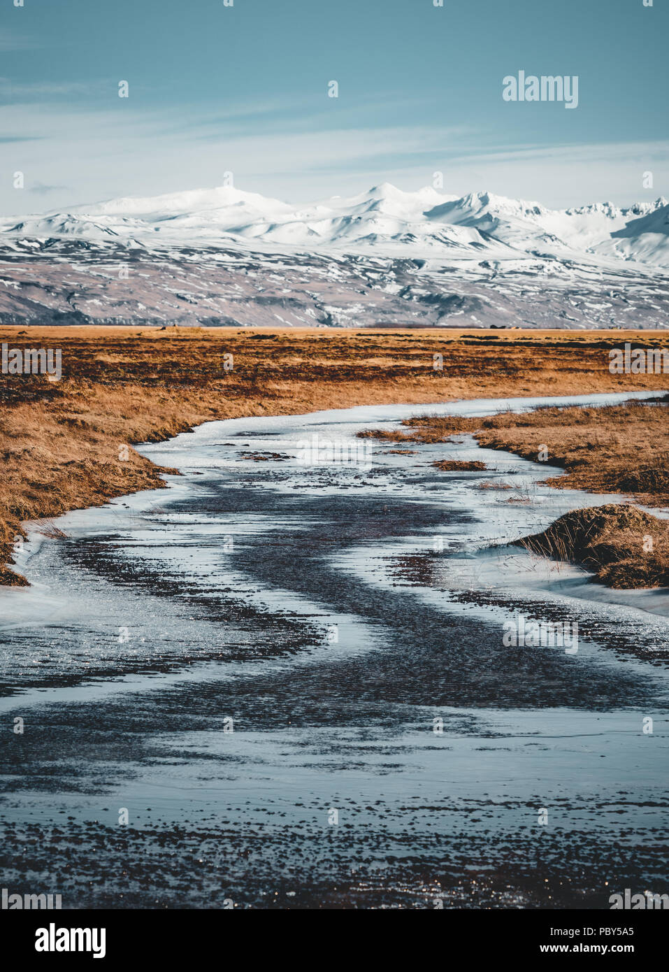Scène d'hiver de montagne typique de l'Islande avec l'herbe en premier plan et massif montagne en arrière-plan. Banque D'Images