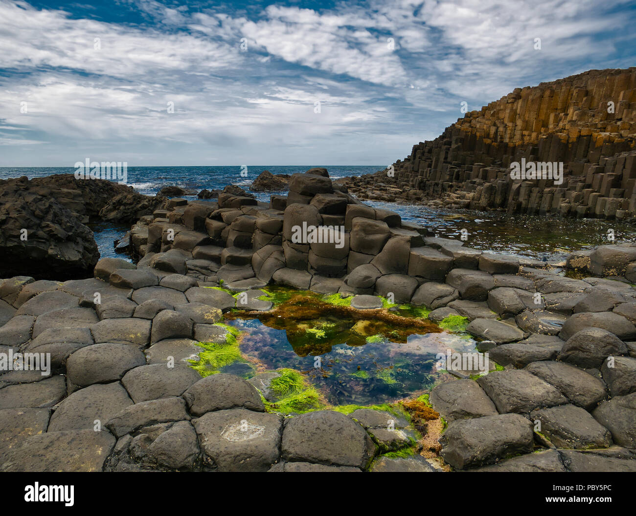 Formations rocheuses colorées de la chaussée donnant sur l'océan Atlantique et d'un petit étang avec des plantes aquatiques en premier plan Banque D'Images