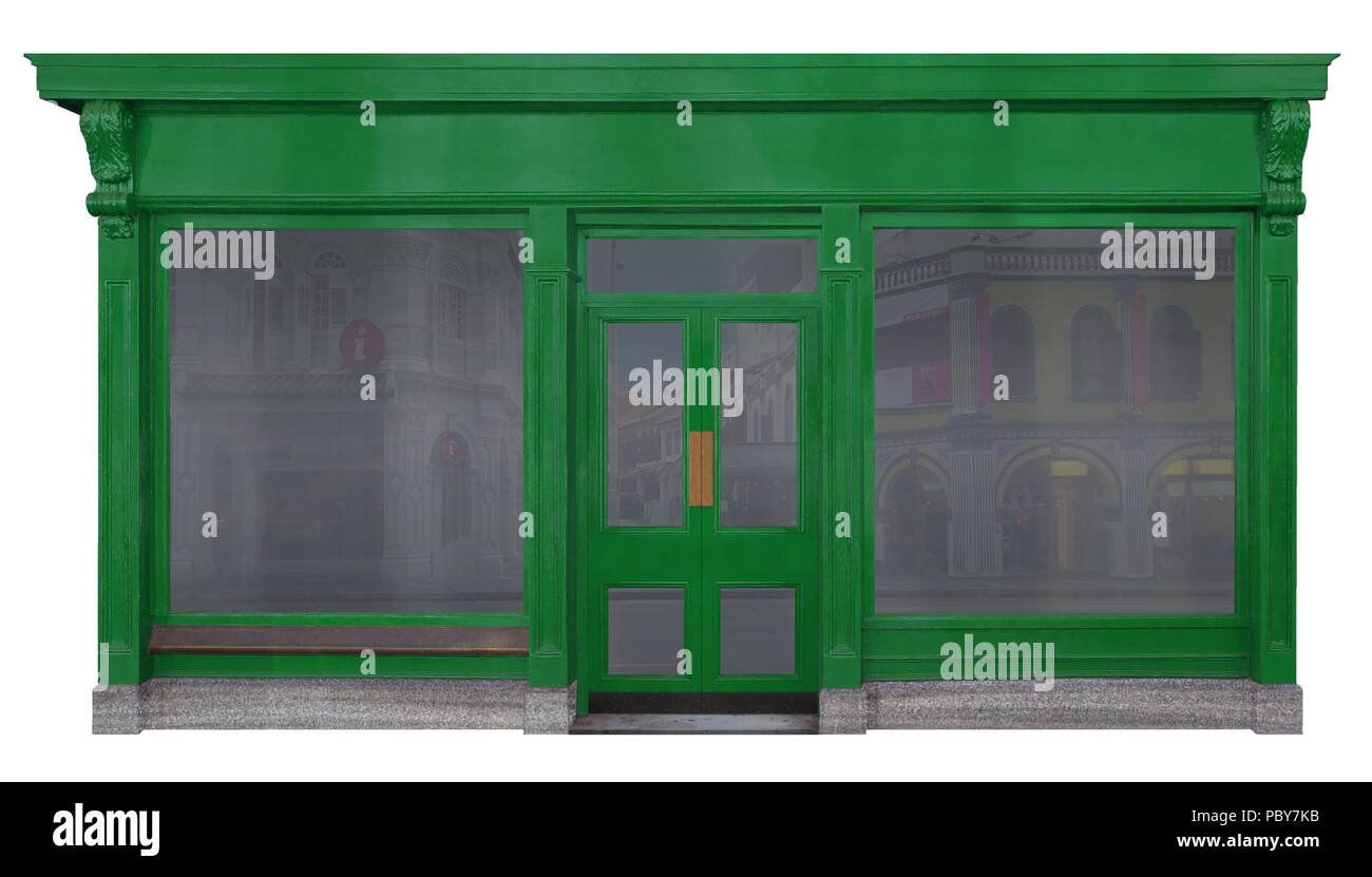 Avec façade en bois vert boutique/boutique deux fenêtres et une porte au cut-out sur fond blanc Banque D'Images