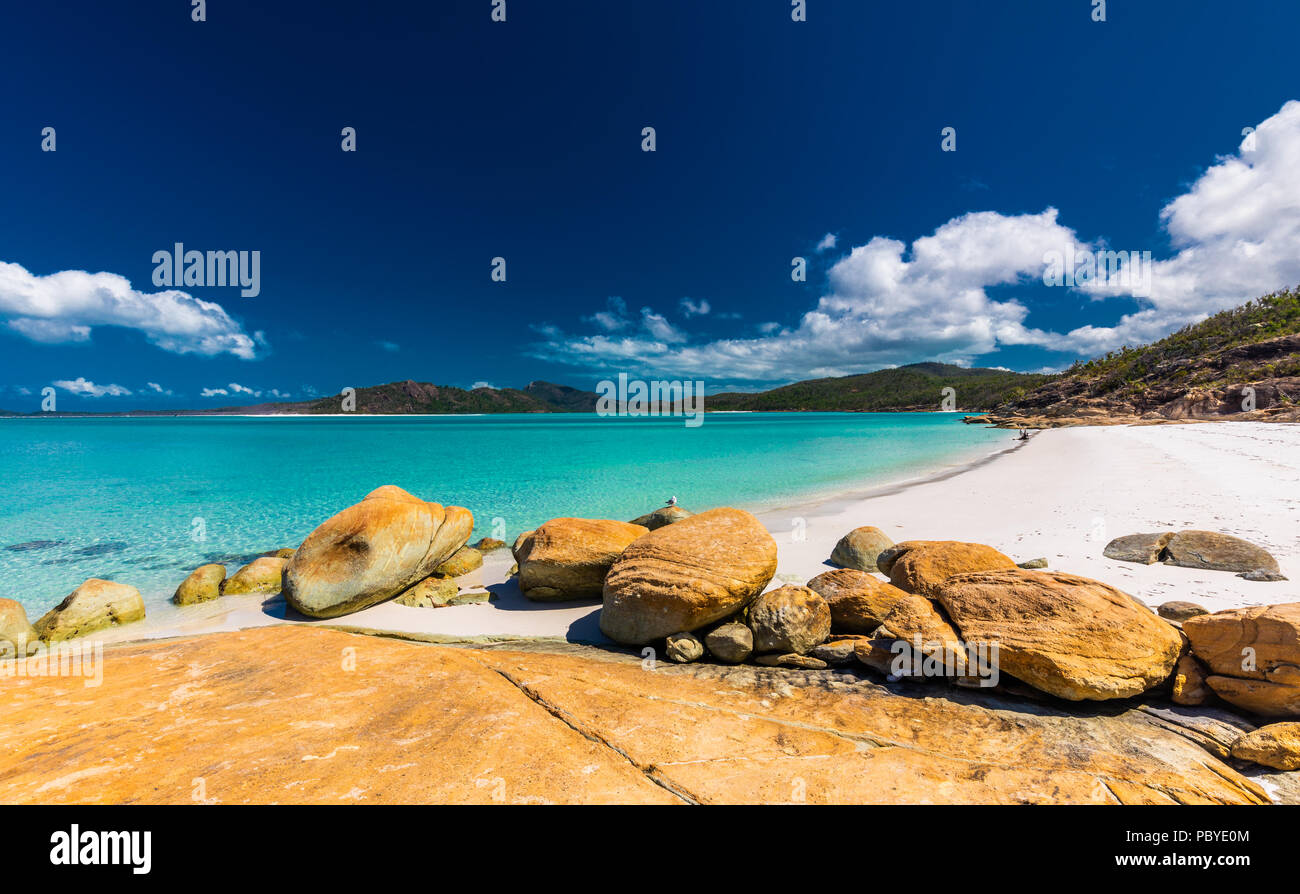 Roches sur l'incroyable Whitehaven Beach avec du sable blanc dans les Whitsunday Islands, Queensland, Australie Banque D'Images