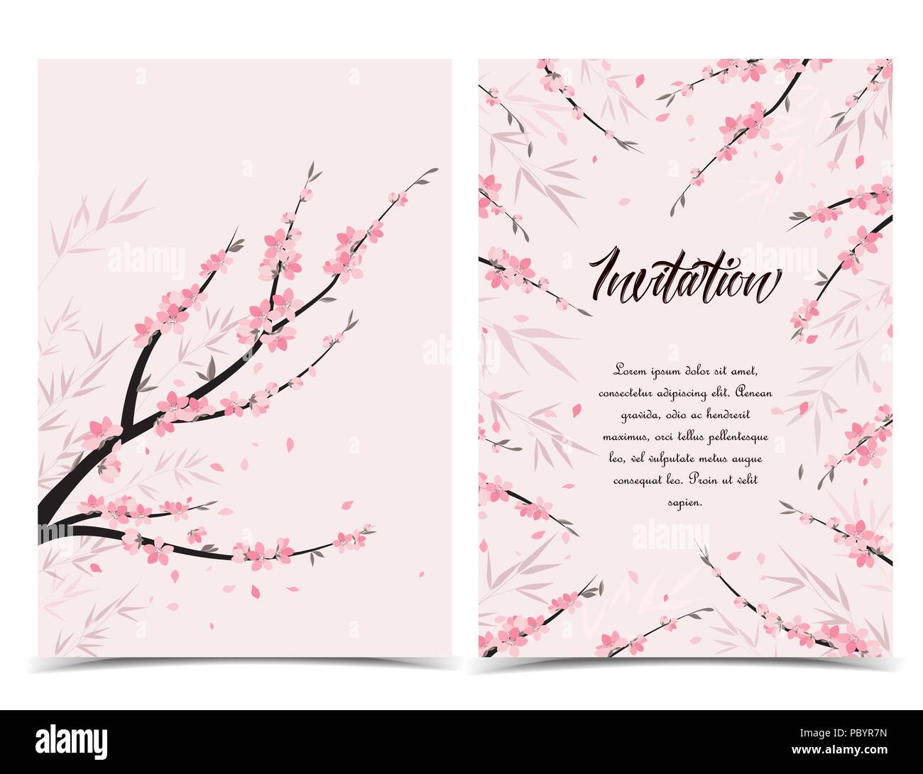 Branches de fleurs Décoration vectorielle, sakura en fleurs au printemps. Ensemble de cartes de souhaits Illustration de Vecteur