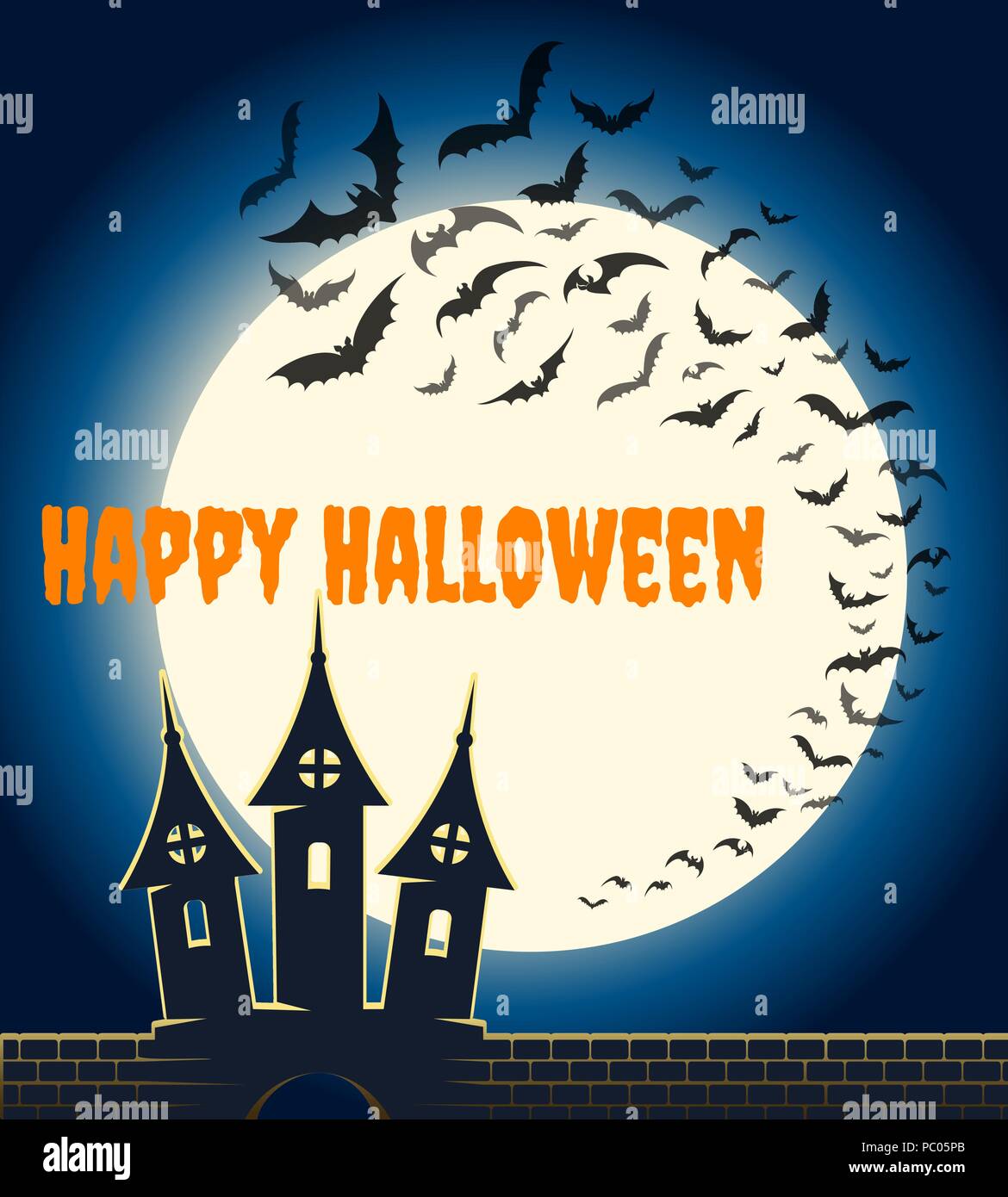 Les chauves-souris d'Halloween de l'affiche. Happy Halloween carte invitation avec lune et château, flying bats horreur flyer vector illustration Illustration de Vecteur