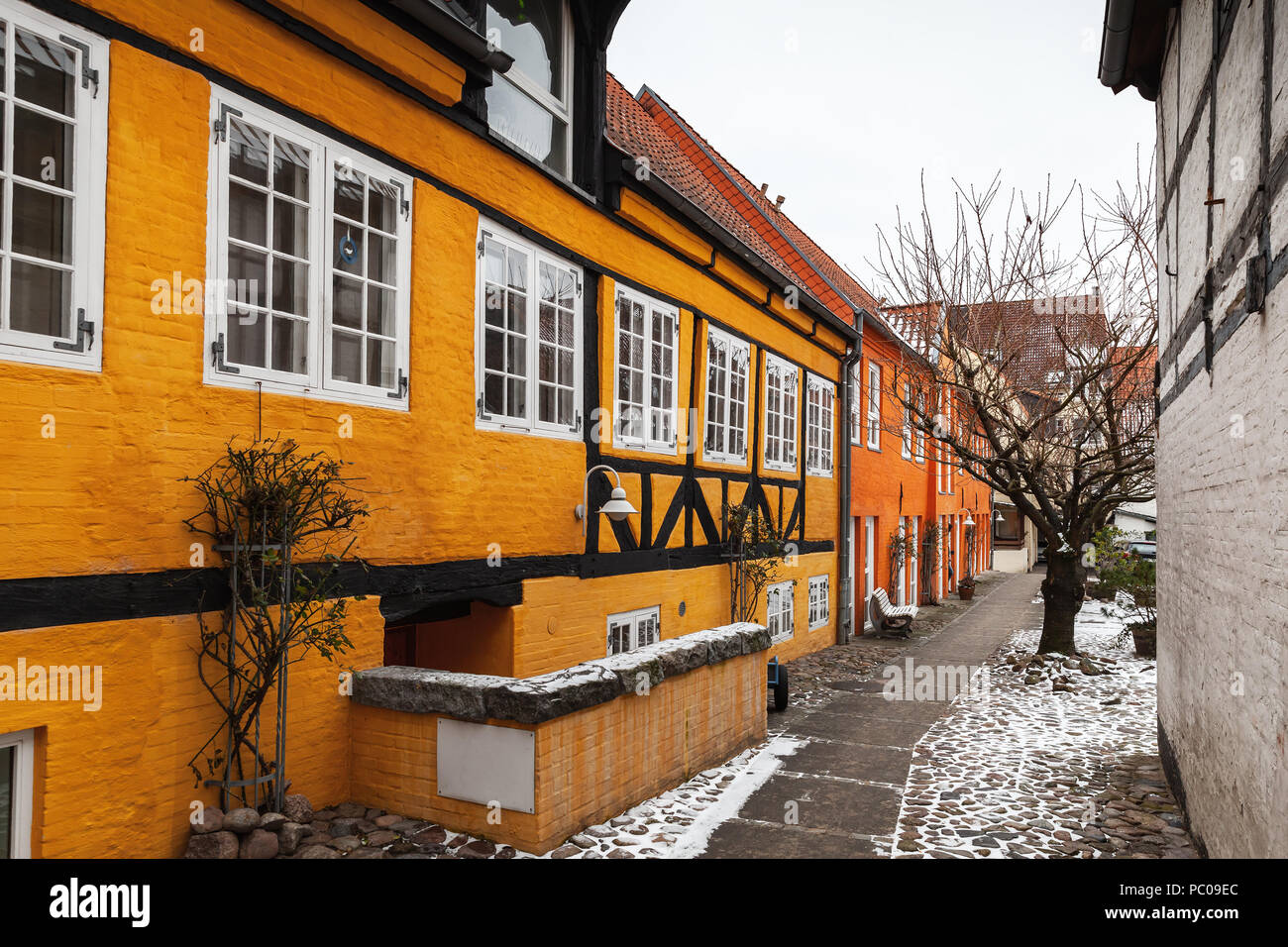 Maisons colorées traditionnelles vivant le long de rues étroites dans la vieille ville de Flensburg, Allemagne Banque D'Images