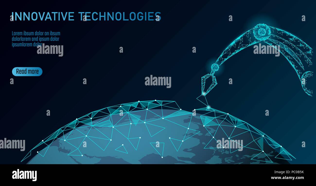 Bras du robot manipulateur poly faible. Construire l'écologie de la terre en forme de triangle de l'assemblée. Points connectés polygonale 3D render artificielle robotique machines Innovation, technologie part vector illustration Illustration de Vecteur
