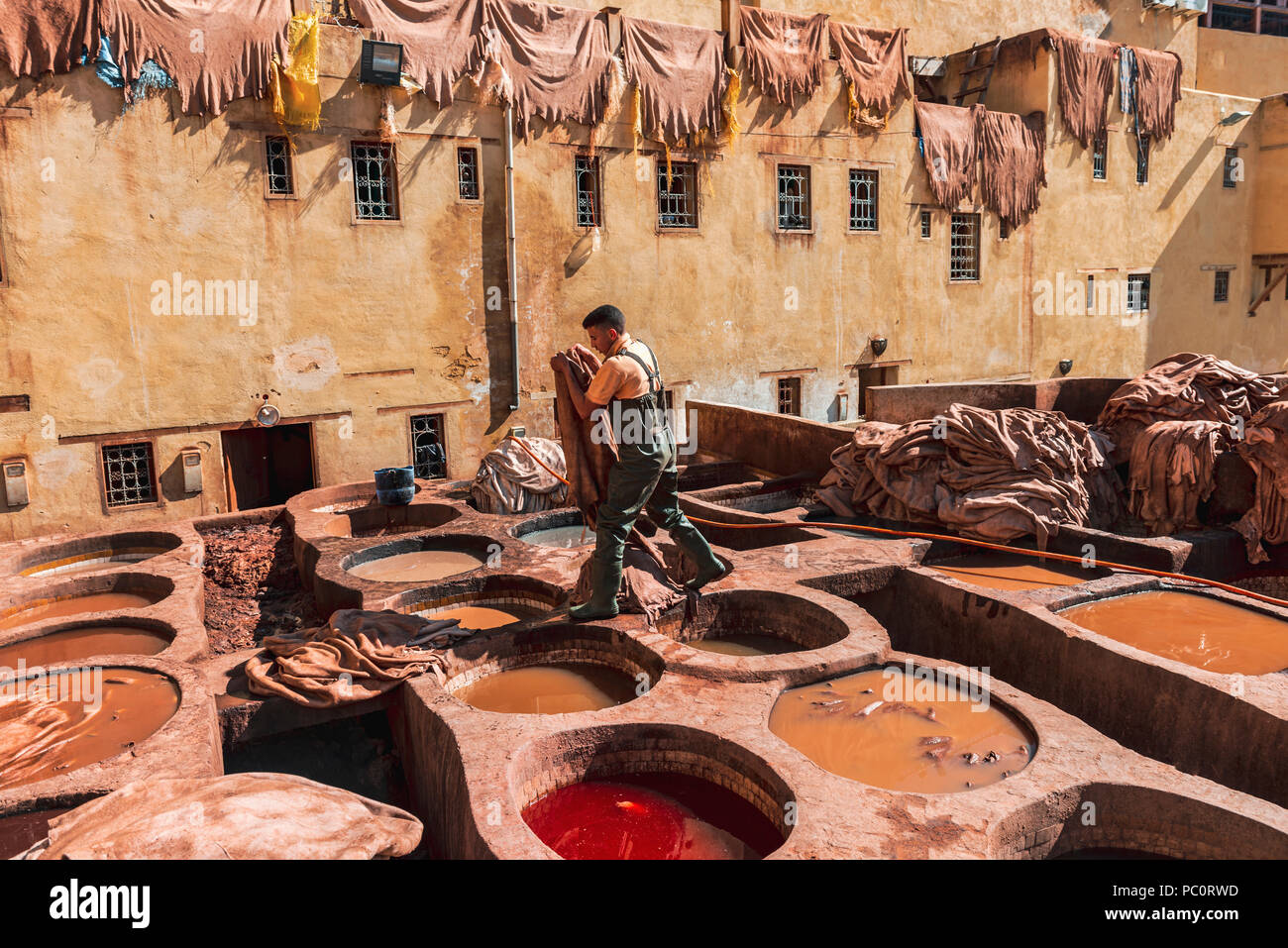 La teinture des travailleurs du cuir, bassin avec la peinture, la teinture, la tannerie Tannerie Chouara, tanner et dyer trimestre, Fes el Bali, Fes, Maroc Banque D'Images