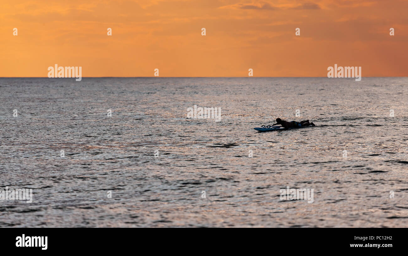 Grand Bend, Canada - le 28 juillet 2018. Les palettes d'un homme est de surf sur le lac Huron au large de Grand Bend. Situé le long de la rive est du lac Banque D'Images