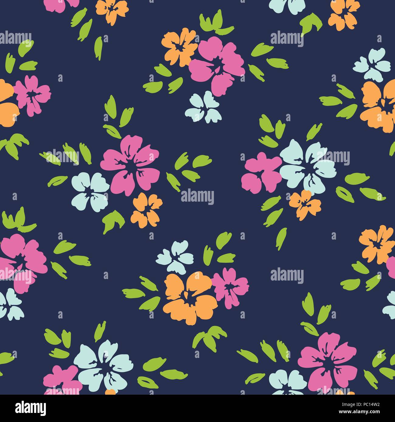 Grande échelle coloré vecteur floral seamless pattern. La main surdimensionnés simpliste des fleurs sur fond bleu foncé. Fleurs et feuillages stylisés Illustration de Vecteur