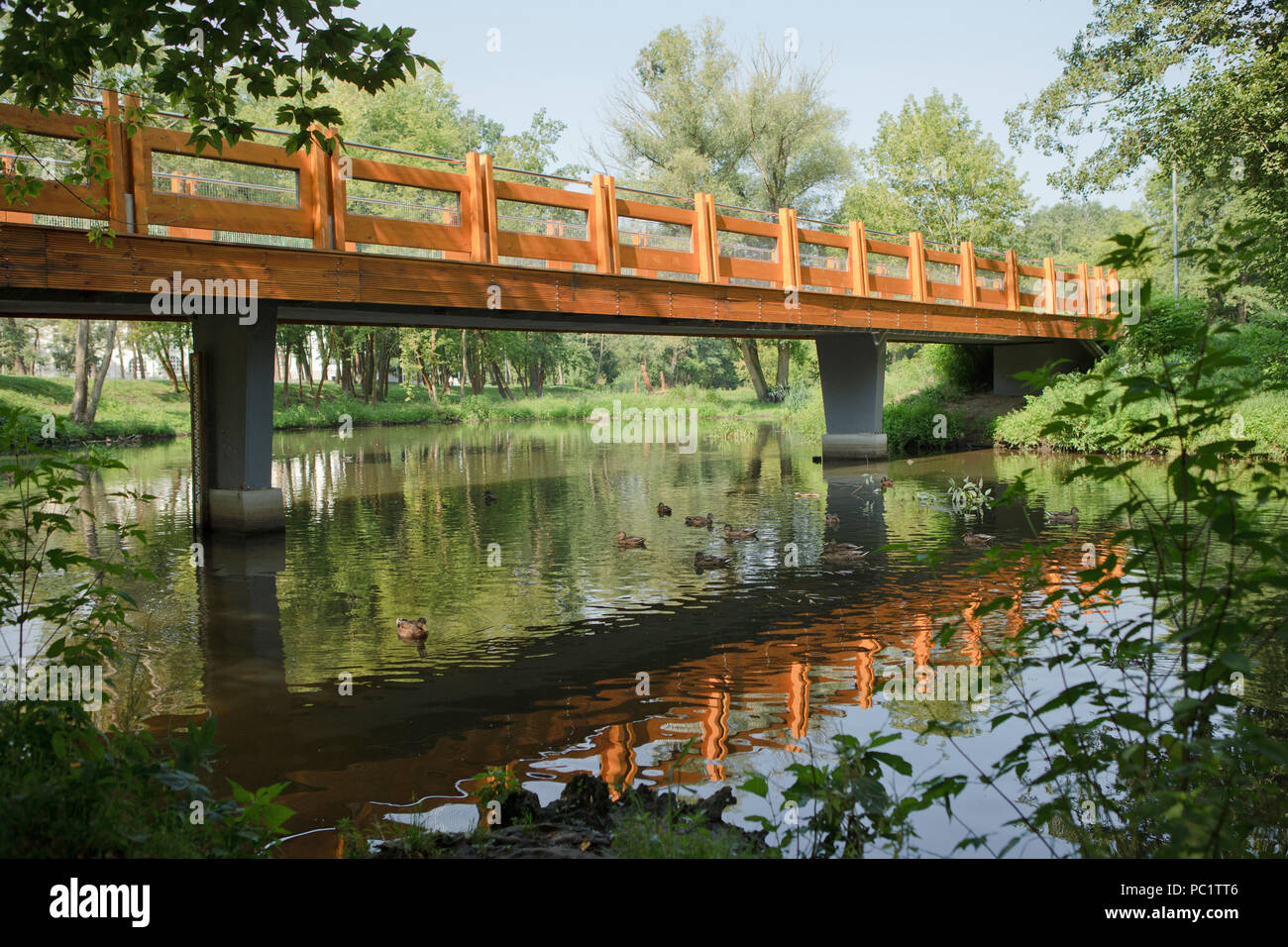 Pont en bois moderne sur une petite rivière, l'heure d'été Banque D'Images