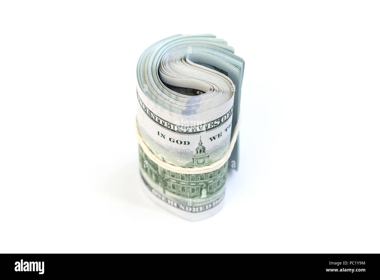 USA devise, rouleau de cent dollars isolé sur fond blanc avec l'ombre doux Banque D'Images