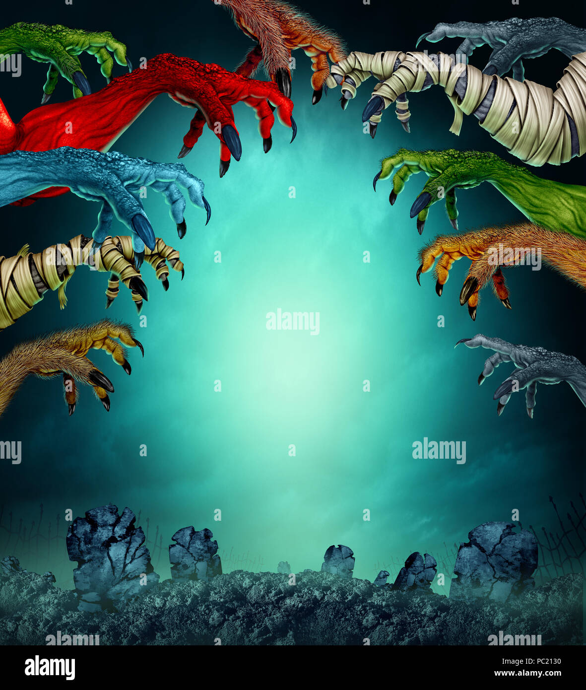 Des monstres dans un cimetière effrayant comme une momie zombie accaparement et de loup-garou comme un démon rouge halloween creepy conception de l'affiche avec l'exemplaire de l'espace. Banque D'Images