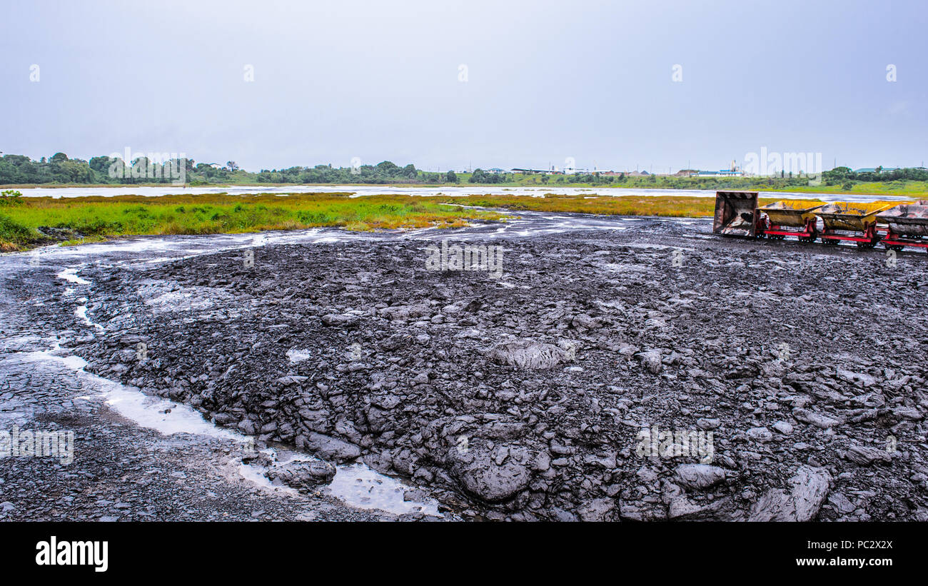 Chariots de transport sur le Pitch Lake, La Brea, Trinité-et-Tobago. Banque D'Images