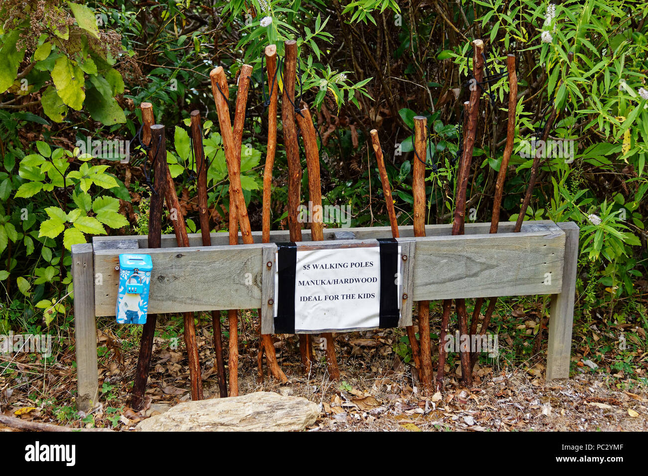 Les bâtons de marche pour la vente sur le Queen Charlotte Track, Nouvelle-Zélande Banque D'Images