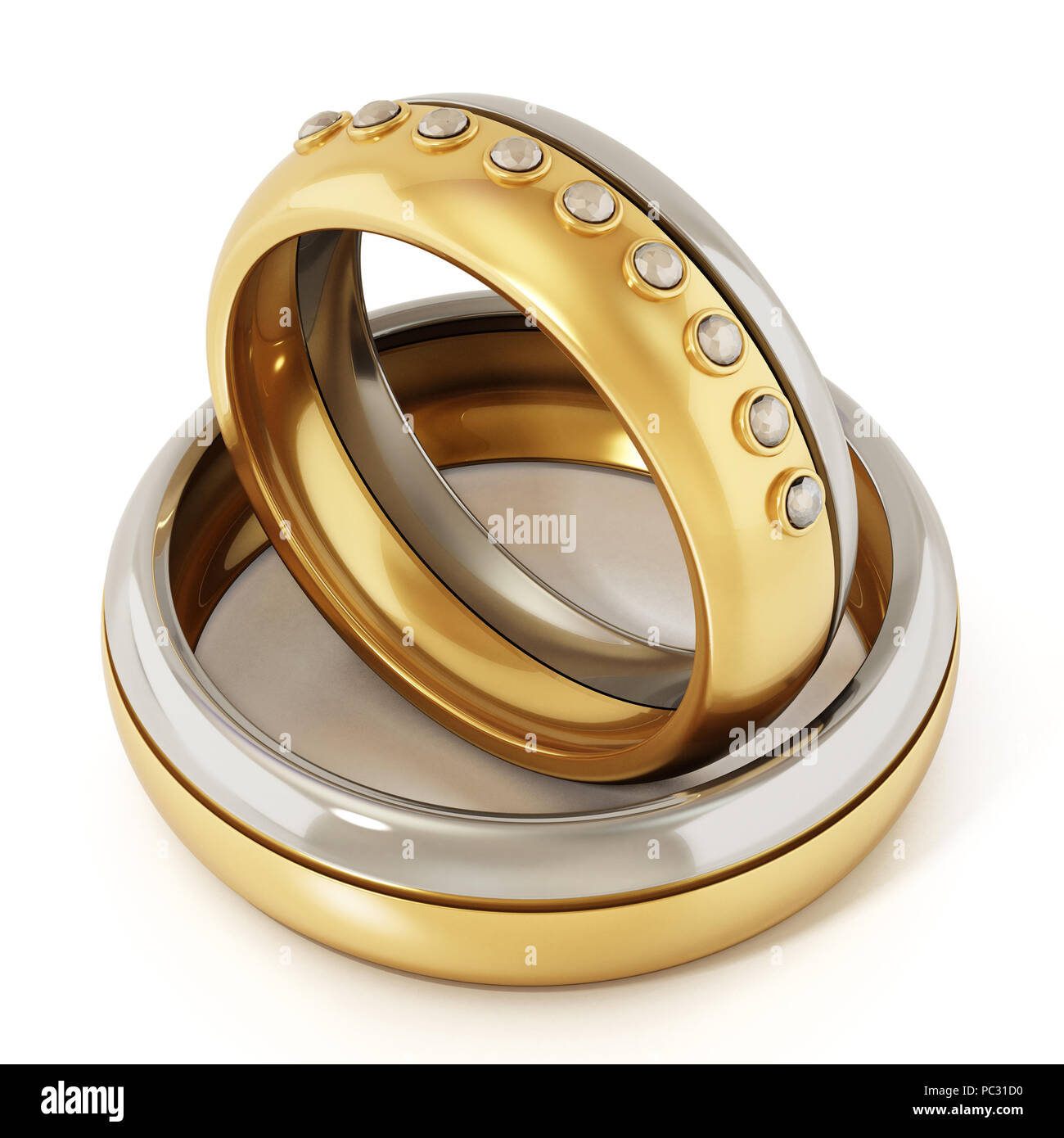 Les anneaux de mariage pour la mariée et le marié isolé sur fond blanc. 3D illustration. Banque D'Images