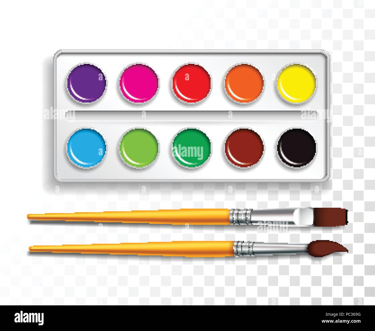 Concevoir ensemble de peintures aquarelle lumineuse dans la case avec le pinceau sur fond transparent. Vector illustration colorée avec des éléments de l'école pour les enfants. Illustration de Vecteur