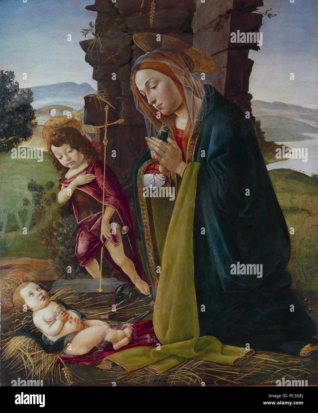 L'adoration du Christ avec Saint John, par Sandro Botticelli ou atelier. Banque D'Images