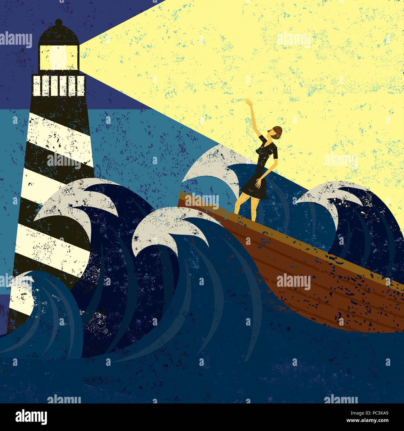 Orientation dans une mer un phare guidant un bateau dans une mer agitée. Illustration de Vecteur