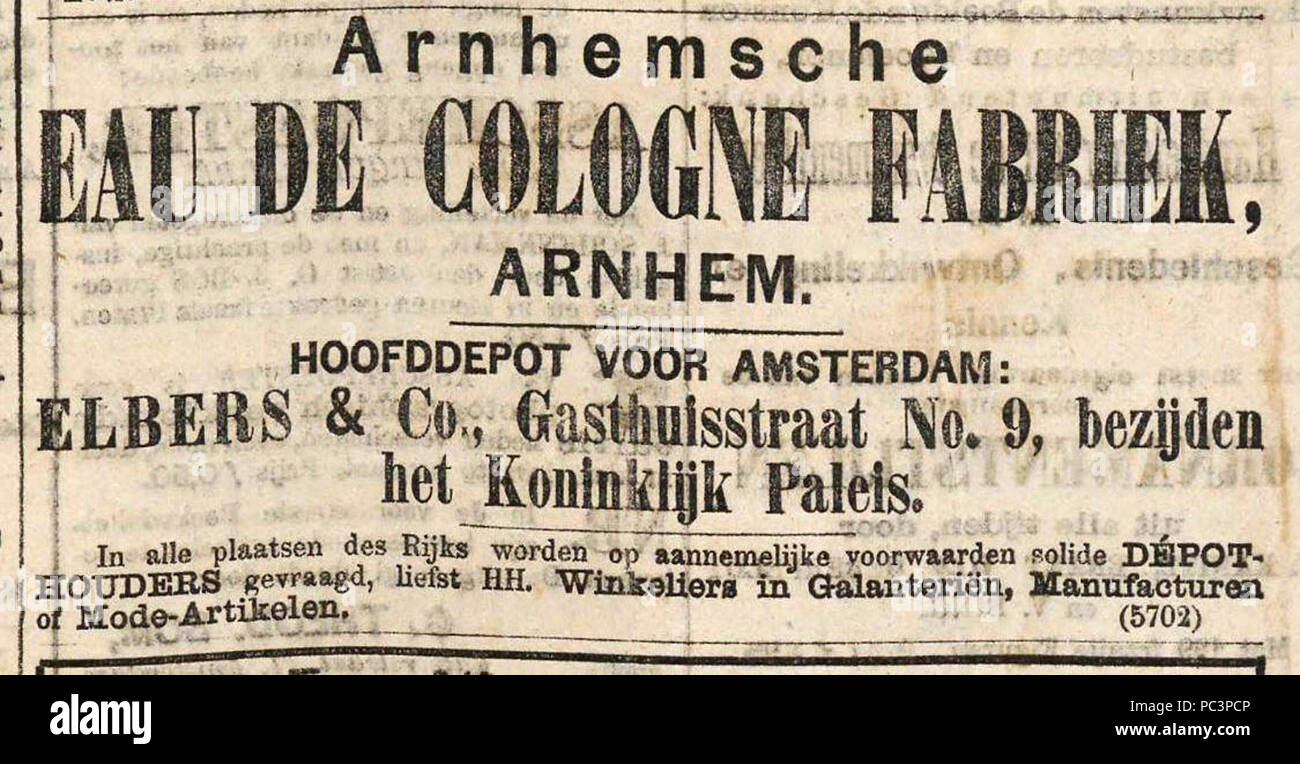 Advertentie van Elbers & Co, hoofddepot Arnhemsche à Amsterdam van de Eau de Cologne-fabriek, Het nieuws van den dag, 01-12-1875. Banque D'Images