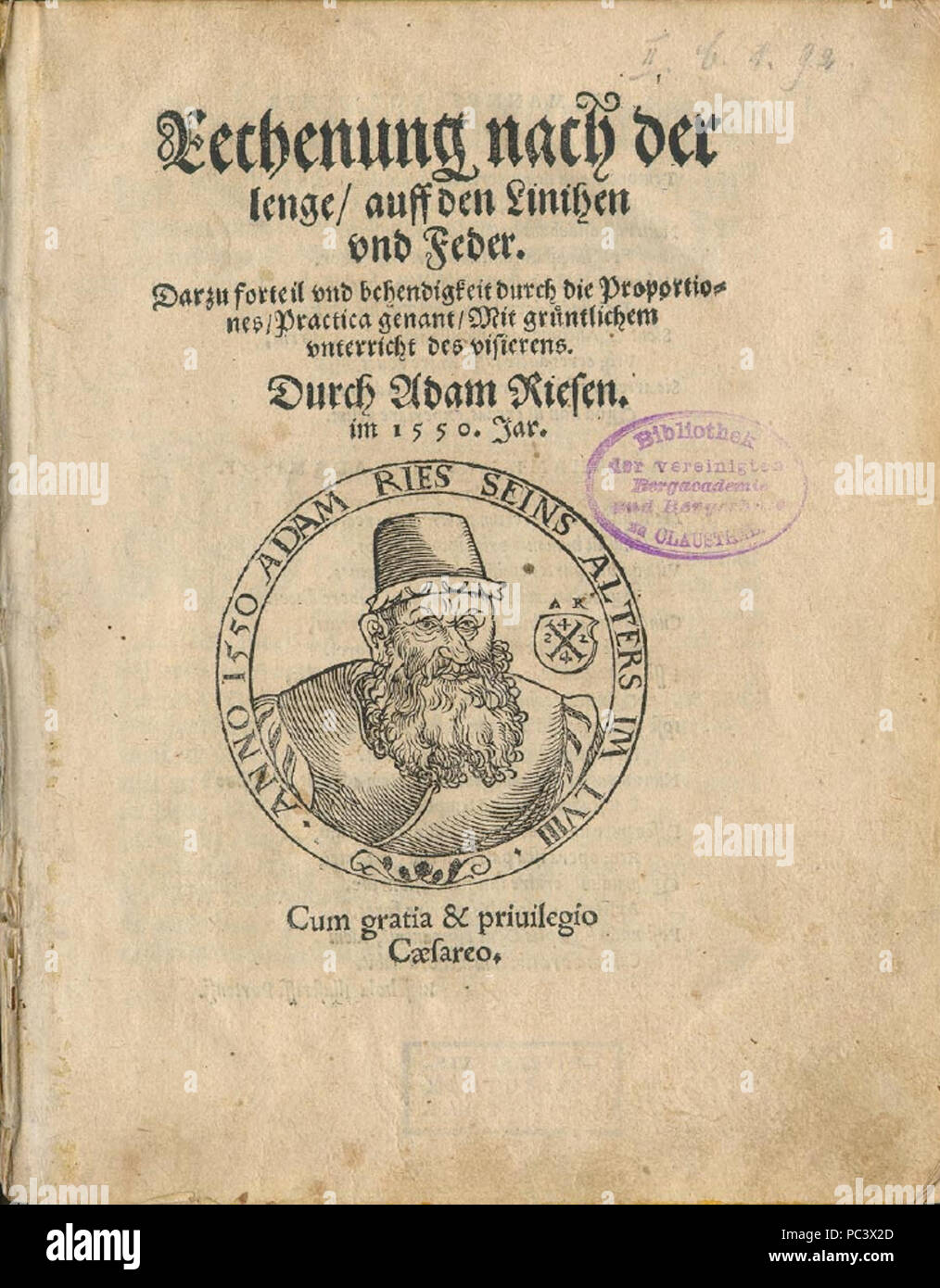 521 Ries - Rechenung nach der lenge auff den Linihen Feder (vnd Titel) Banque D'Images