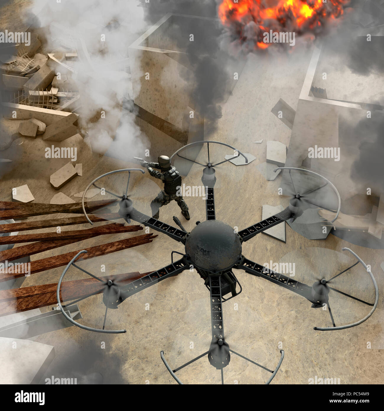 Les nouvelles technologies pour être utilisé dans des opérations militaires. Les drones de guerre. Débris, zone de guerre avec des soldats, des bâtiments, de l'explosif, le terrorisme Banque D'Images