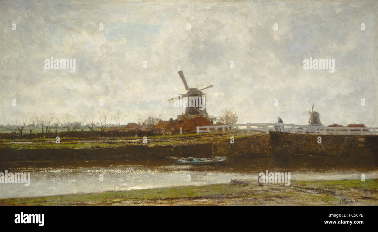 Peinture ; huile sur toile ; Total : 81 x 144 cm (31 7/8 x 56 11/16 po.) Encadré : 110,5 x 176,5 x 11,4 cm (43 1/2 x 69 1/2 x 4 1/2 in.) ; 632 Vue du moulin et le pont sur l'Noordwest Buitensingel à La Haye E10681 Banque D'Images
