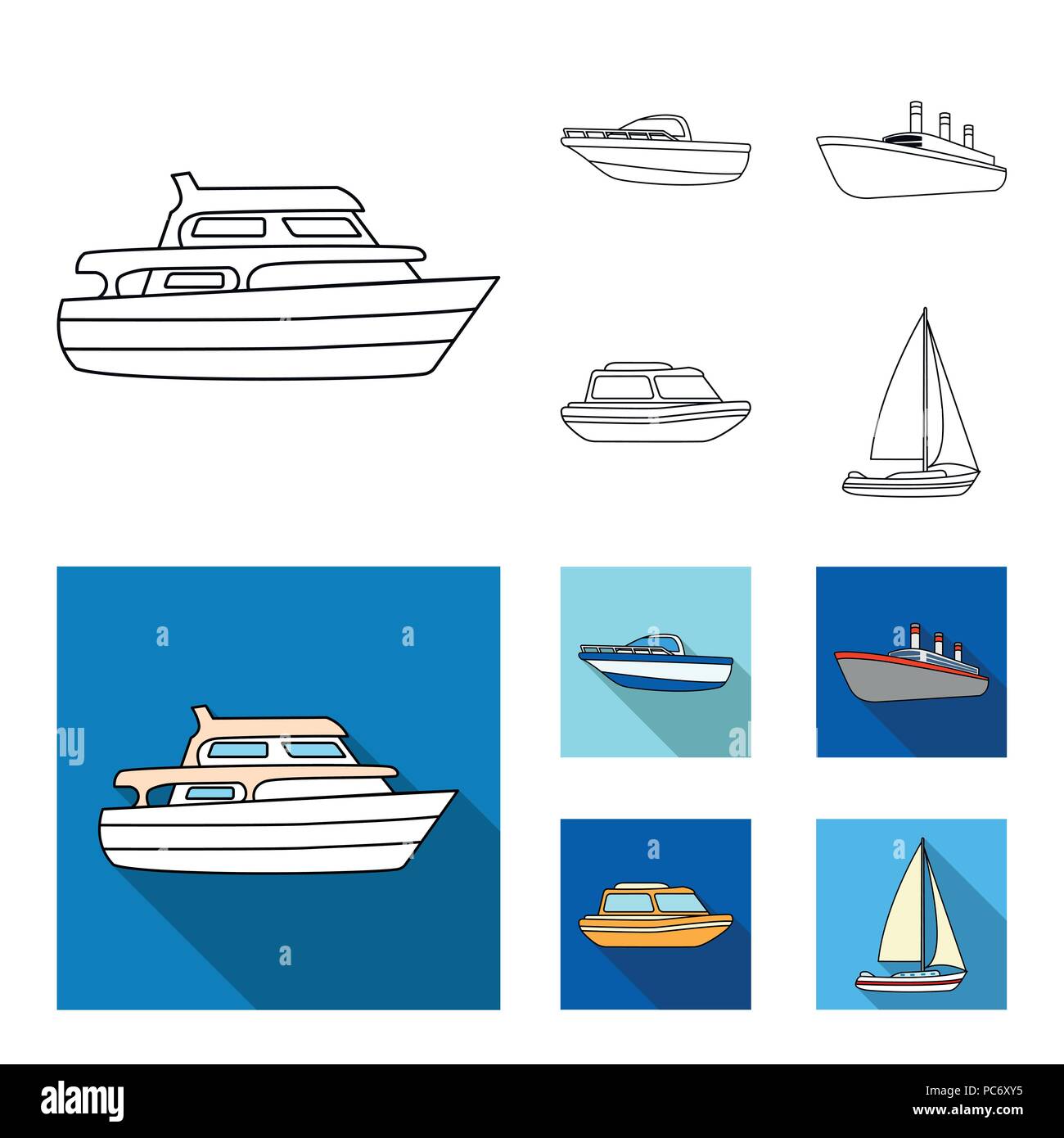 Bateau de sauvetage, de protection, de marchandises navire à vapeur, location de bateaux et de sports.le transport de l'eau défini dans les grandes lignes les icônes de collection,style plat symbole vecteur stock illust Illustration de Vecteur